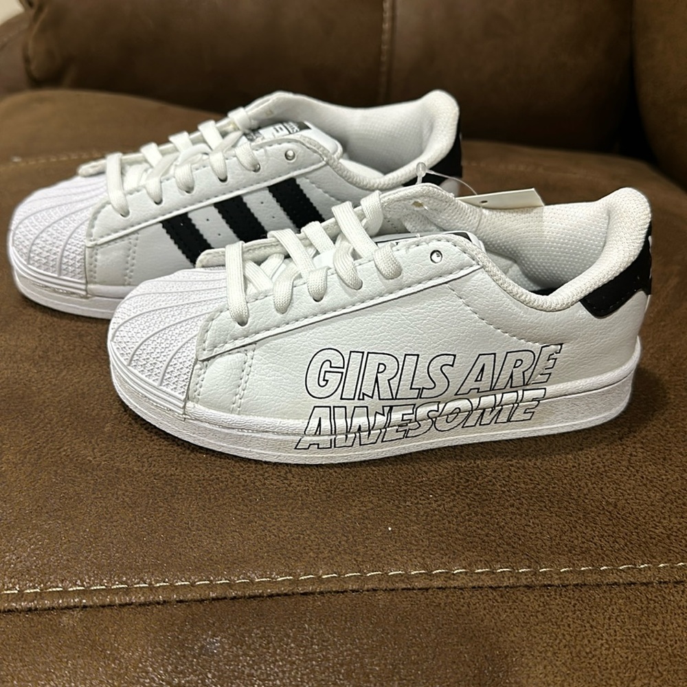 Girls size 10.5 Adidas Superstar C “ girls are awesome” sneakers. New in box.